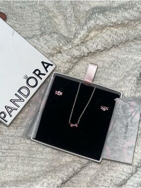 Pandora Silver Necklace and Pink Crystal Stud Earrings Set